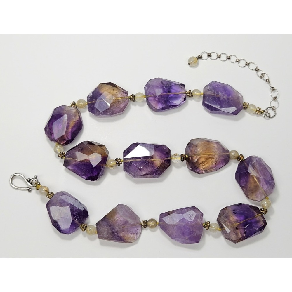 Natural Faceted Ametrine Amethyst Citrine Necklace Sterling Silver Statement 24" - Picture 7 of 17